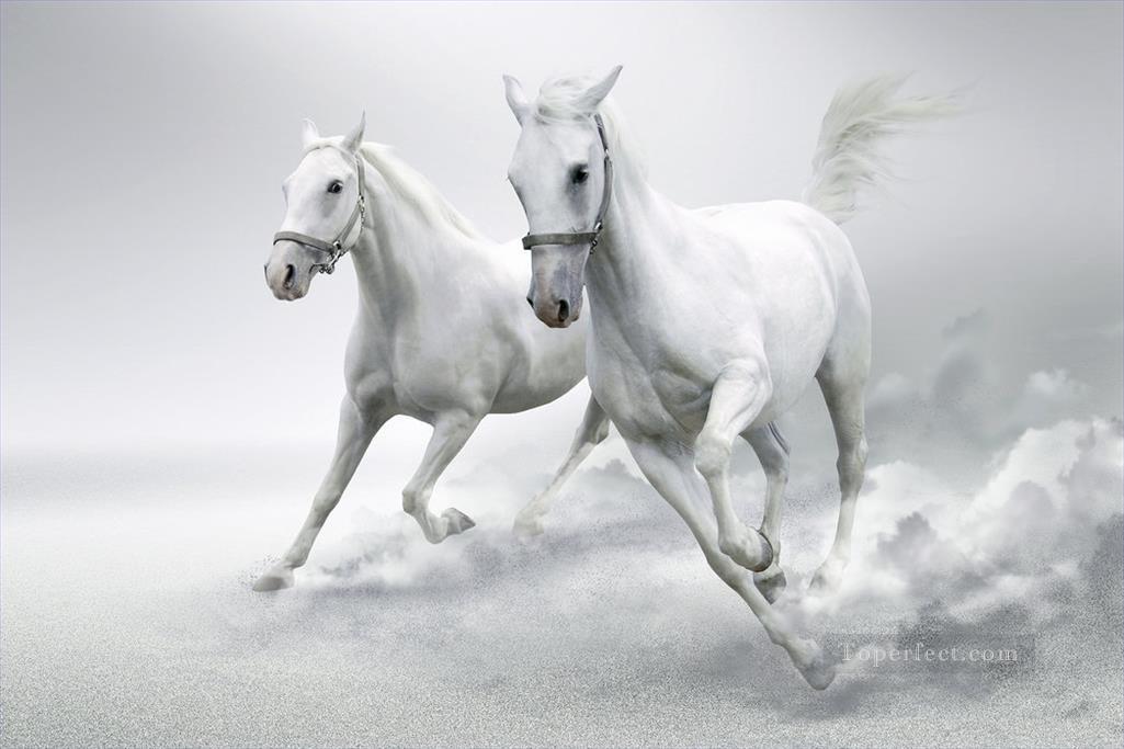 horses snow white running black and white Oil Paintings